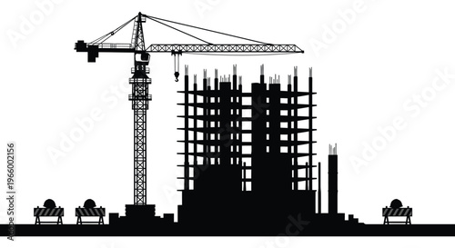 A stark black silhouette depicts a construction site with a towering crane and unfinished building structure silhouette high quality professional detailed