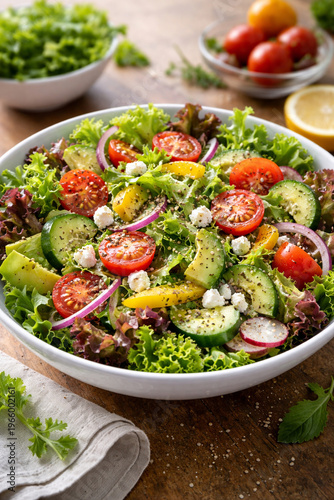 Fresh Salad: A vibrant close-up of a colorful, fresh salad in a bowl. It’s an inviting display of health and deliciousness, with a variety of colorful and fresh ingredients.