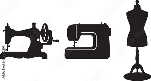 Vintage antique sewing machine with needle and thread used for tailoring and textile craft work on a clean white background