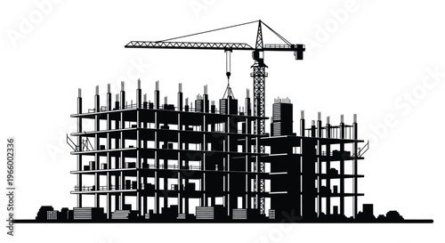 A stark black and white illustration depicts a construction site with a towering crane and unfinished building silhouette high quality professional