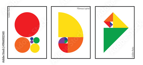 Golden ratio geometric set with circles, Fibonacci spiral and colorful triangles; abstract math vector illustration