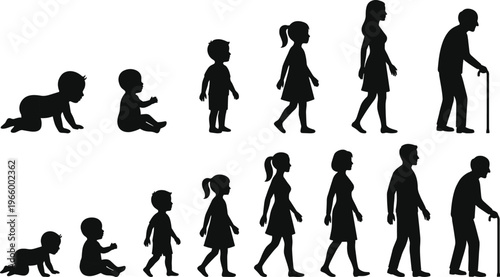 WebHuman life cycle silhouettes showing aging process from baby crawling to childhood, adulthood, and elderly man and woman with cane, vector.