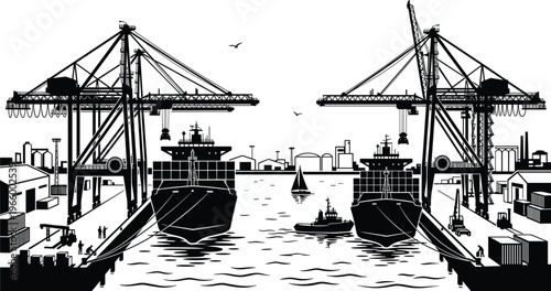 WebIndustrial harbor silhouette with cargo ships and massive cranes loading containers at sunset representing global logistics international trade and maritime transport