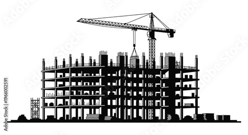 A stark black and white silhouette of a building under construction with a prominent tower crane overhead silhouette high quality professional detailed modern