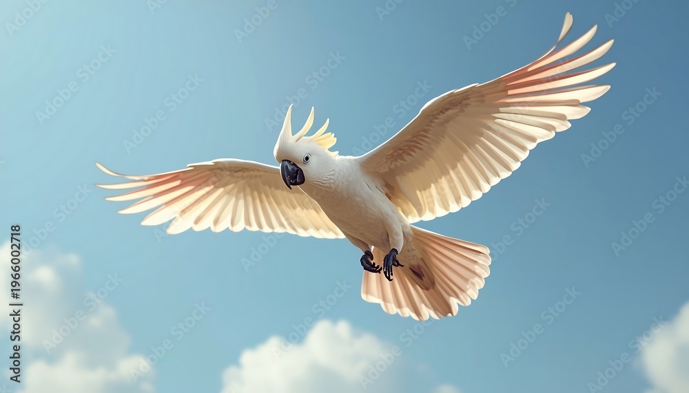 Obraz premium A majestic white cockatoo with yellow crest and widespread wings glides under a sunny blue sky with clouds.