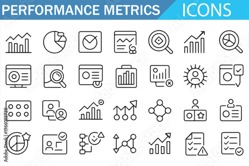 Performance tracking and analytics icons set with charts graphs and statistics
