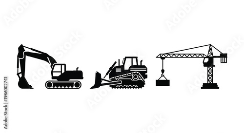 A stark black silhouette depicts heavy construction machinery including a digger bulldozer and crane silhouette high quality professional detailed modern elegant