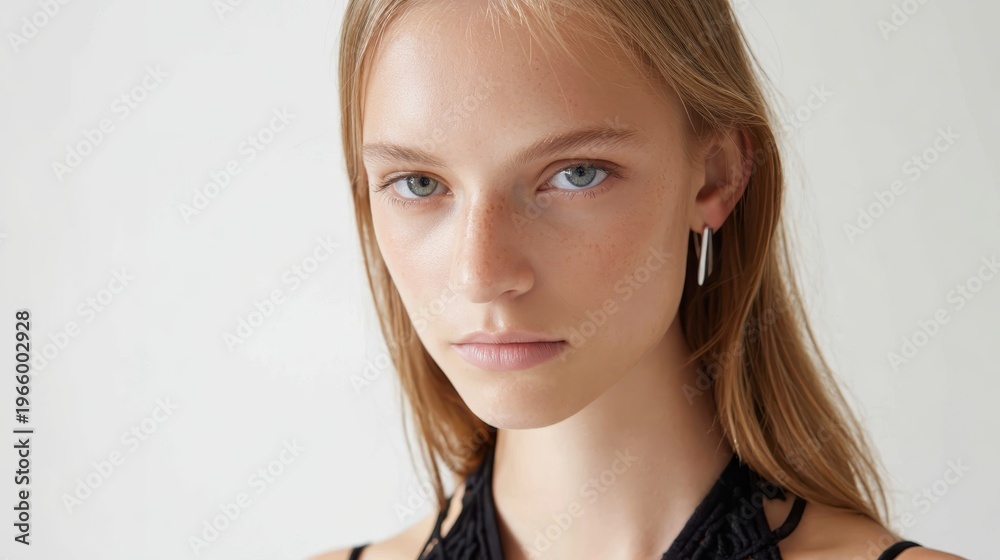 Naklejka premium Young woman with natural beauty and delicate facial features looking directly at camera, capturing authenticity and simple elegance in a close up indoor portrait