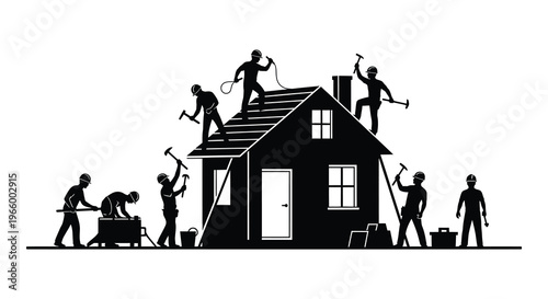 Construction workers collaboratively building a house rooftop showcasing teamwork and home improvement depicted in silhouette high quality professional detailed modern elegant