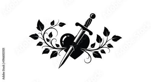 A striking black silhouette depicts a heart pierced by a sword framed with ornate floral vines and leaves silhouette high quality