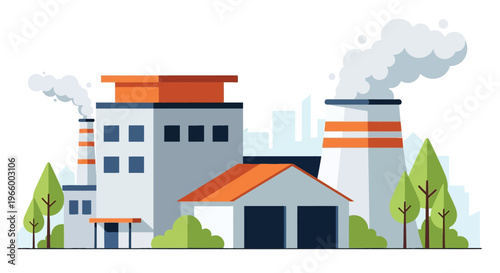 An industrial factory complex with smokestacks emitting smoke, surrounded by trees, symbolizing production and pollution.