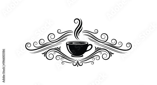 An elegant swirling design showcases a steaming cup of coffee accentuated by ornate flourishes a striking silhouette high quality professional