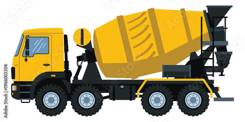 Flat illustration of a yellow concrete mixer truck depicting heavy construction vehicle for industrial and building design