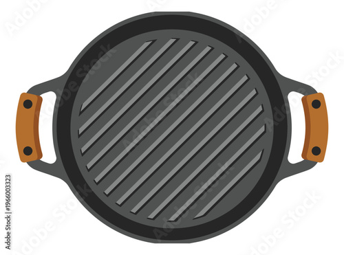 Flat illustration of a round cast iron grill pan depicting ribbed cooking surface with wooden handles for kitchen and food design