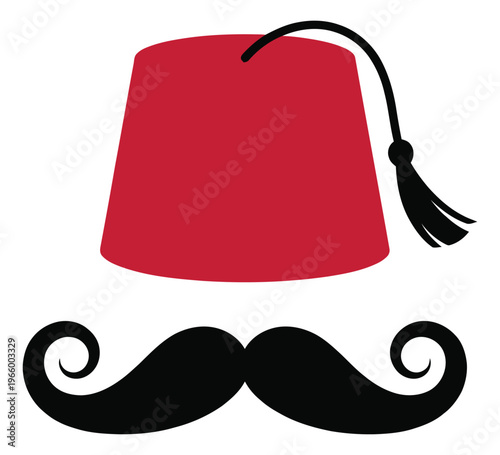 Flat illustration of a red fez hat and mustache depicting Turkish cultural symbols for costume and party design