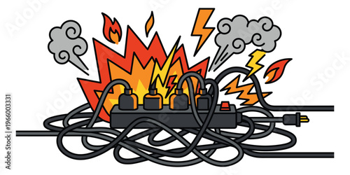 Cartoon illustration of overloaded power strip depicting electrical fire hazard with sparks and flames for safety design