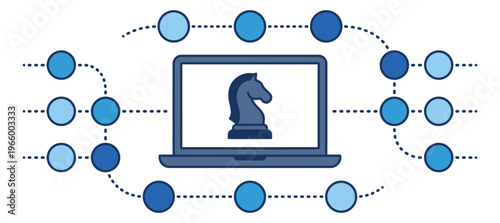 Flat illustration of chess knight on laptop depicting AI strategy and blockchain network concept for technology design