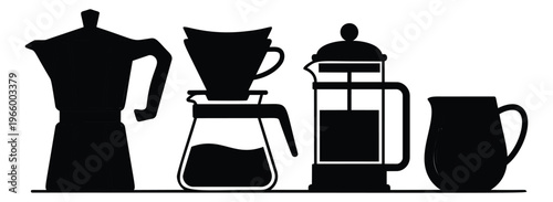 Silhouette icon set of 4 coffee brewing equipment featuring moka pot, pour over, french press and pitcher for cafe design