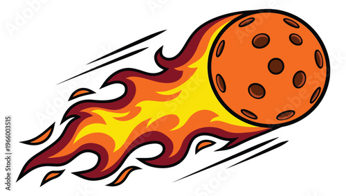 Cartoon illustration of a flaming pickleball depicting high speed motion for sports and recreation design