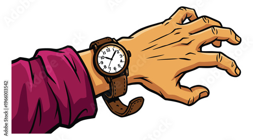 Cartoon illustration of a hand wearing a wristwatch depicting time management concept for business and lifestyle design