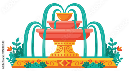 Flat illustration of a decorative tiered fountain depicting cascading water streams and ornamental base for garden and landscape design
