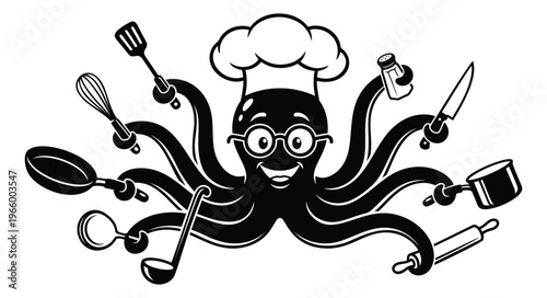 Cartoon illustration of a chef octopus depicting a multitasking cook holding kitchen tools for food and restaurant design