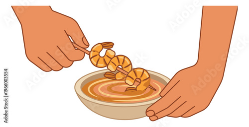 Cartoon illustration of shrimp skewer being dipped into sauce depicting seafood appetizer for food and restaurant design