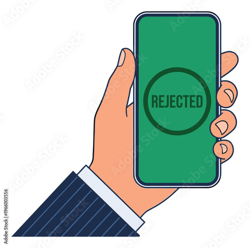 Cartoon illustration of a hand holding a smartphone depicting a rejected notification message for business and finance design