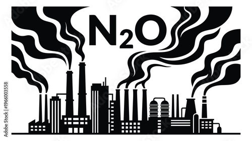 Silhouette illustration of industrial factory emitting N2O nitrous oxide smoke depicting air pollution and greenhouse gas emissions for environmental design