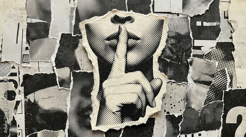Black and white halftone illustration of a hand making a silence gesture with a finger on lips; paper cutout and torn edges effect. Creative collage element, vintage newspaper aesthetic, clipart 