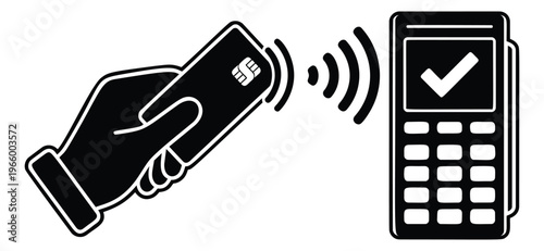 Silhouette illustration of contactless payment depicting hand tapping credit card on pos terminal for finance and retail design