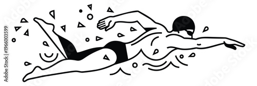 Line art illustration of a swimmer depicting freestyle stroke motion for sports and fitness design