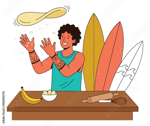 Cartoon illustration of a tattooed man tossing pizza dough depicting cooking and surfing lifestyle for food and leisure design