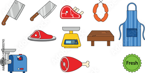 Butcher Tools and Meat Processing Icons Set Featuring Cleaver, Meat Grinder, Sausage, Apron, and Fresh Meat for Meat Preparation