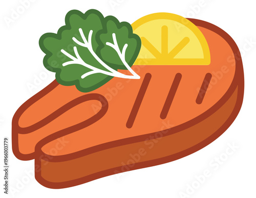 Flat cartoon illustration of grilled salmon steak depicting a seasoned fish fillet with lemon and herbs for food and restaurant design