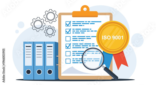 Quality management system concept with iso 9001 certification gold medal and clipboard with checklist next to blue office folders and spinning gears set.