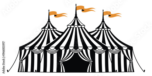 Bold flat illustration of a striped circus tent depicting a classic big top with orange flags for carnival and entertainment design
