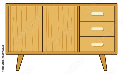 Cartoon illustration of a wooden sideboard depicting a mid century modern credenza with drawers for interior design