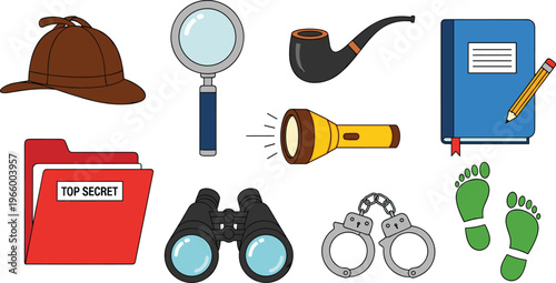 Detective and Investigation Tools Icons Set Featuring Magnifying Glass, Pipe, Binoculars, Handcuffs, and Top Secret Files for Crime Solving