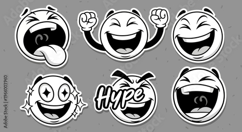 Collection of Extremely Happy and Exuberant Cartoon Emoji Faces with Laughing and Cheerful Expressions on Gray Background