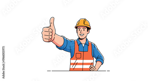 Smiling construction worker in a safety helmet and orange reflective vest gives an enthusiastic thumbs up to the viewer.