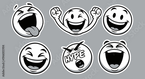 Set of Happy and Excited Cartoon Emoji Faces with Tongue Out Laughing and Cheerful Expressions on Gray Background