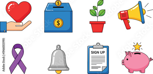 Fundraising and Charity Icons Set Featuring Donation, Money Box, Sign Up, Bell, and Piggy Bank for Giving and Fundraising Campaigns