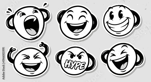 Retro Cartoon Happy Emoji Faces Collection with Laughing and Smiling Expressions on Gray Background