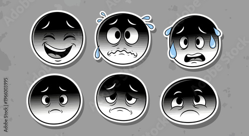 Collection of Sad and Distressed Cartoon Emoji Faces with Crying and Worried Expressions on Gray Background