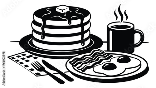 Bold cartoon illustration of classic American breakfast depicting pancakes eggs bacon and coffee for restaurant and diner menu design