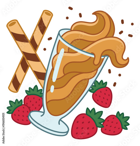 Cartoon illustration of caramel milkshake depicting a tall glass with whipped cream, wafer rolls and strawberries for dessert menu design