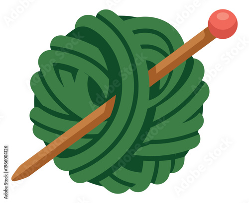 Cartoon illustration of a green yarn ball with knitting needle depicting craft and hobby supplies for needlework design