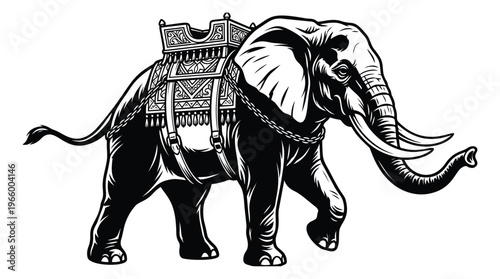 Woodcut illustration of a decorated elephant depicting a ceremonial procession animal with ornate howdah for cultural and heritage design