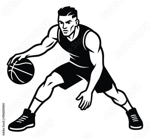 Bold cartoon illustration of a basketball player depicting dribbling action for sports and athletic design